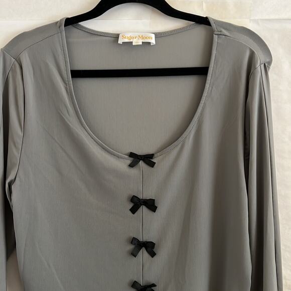 Sugar Moon Gray Mesh Bow Top XL Long Sleeve Ruffle Edge Coquette Y2K Crop - Picture 4 of 11